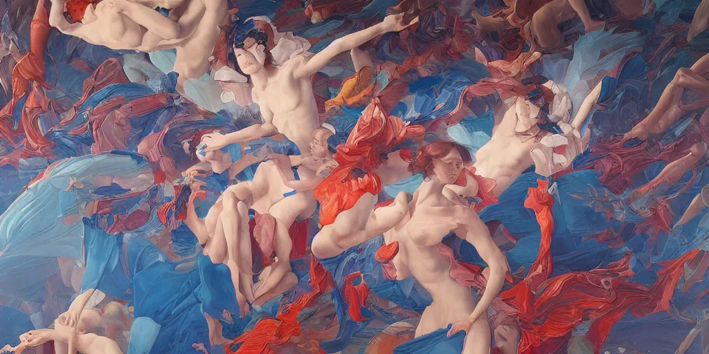 Prompt: gigantic renaissance angels painting soft light by james jean and satoshi kon and erik jones, inspired by evangelion, smooth feature, intricate oil painting, high detail illustration, sharp high detail, klein blue 1 9 9 9