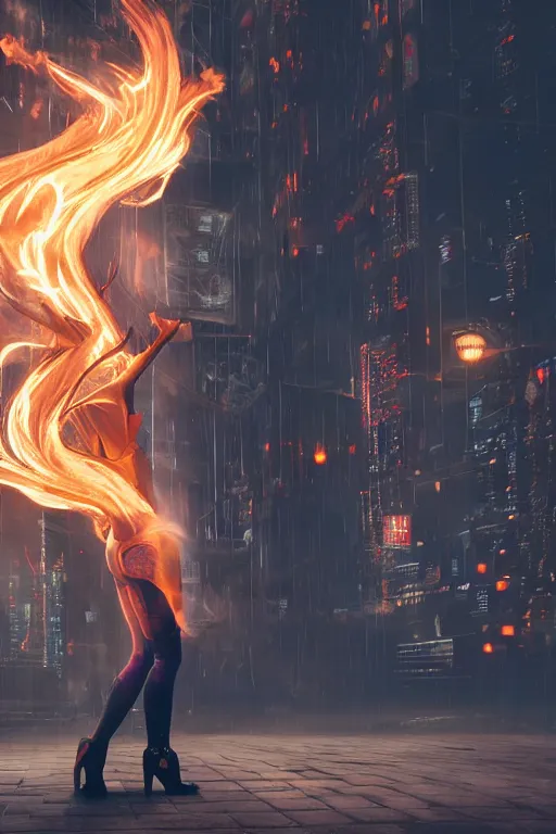 Image similar to young blonde woman from behind with flames dancing on her hands with a long jacket in a cyberpunk city, realistic, high definition, 4K, shimmering color, art of Pixar