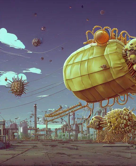 Image similar to inflated industrial plant made from obese isopod urchin octopus, in the style of puffy spaceship, skeletons, bones, partly cloudy, spooky, dramatic lighting, by geof darrow, bill sienkiewicz, dan mumford, yusuke murata, makoto shinkai, ross tran, cinematic, unreal engine, cel shaded, featured on artstation, pixiv