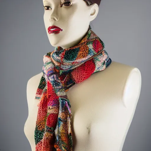Image similar to a beautiful scarf made out of plastic straws, on a mannequin. studio lighting, high quality, high resolution