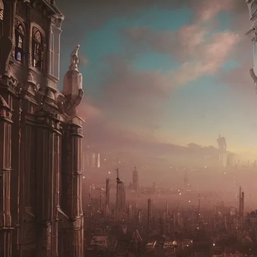 Prompt: pastel, baroque utopian cityscape in the sky, sci-fi, dreamlike, surreal, angels, misty, cinematic, 8k,