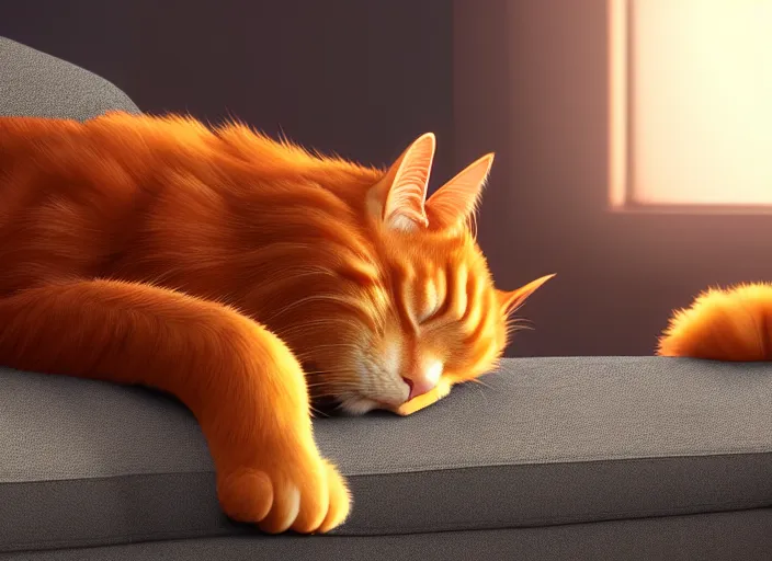 Image similar to a portrait of ginger cat, sleeping on a grey couch, close up, sun - rays, studio ghibli, pixar and disney animation, sharp, rendered in unreal engine 5, anime key art by greg rutkowski, bloom, dramatic lighting