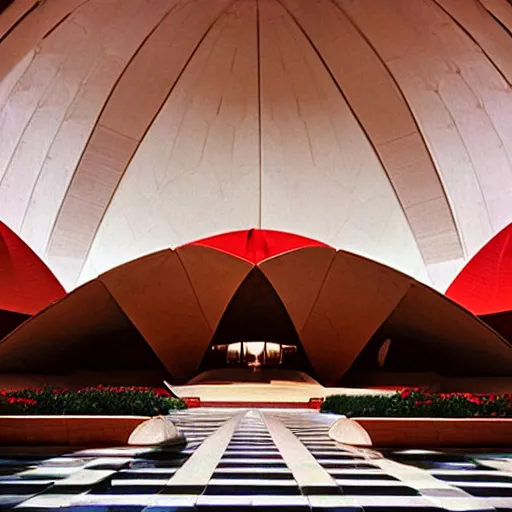 Image similar to interior of a futuristic lotus temple with gold, red and white marble panels, in the desert, by buckminster fuller and syd mead, intricate contemporary architecture, photo journalism, photography, cinematic, national geographic photoshoot