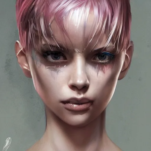 Image similar to portrait of a young woman with short pink spiky hair and dark eyes, intricate, elegant, highly detailed, digital painting, artstation, concept art, sharp focus, illustration, art by aleksi briclot, rutkowski