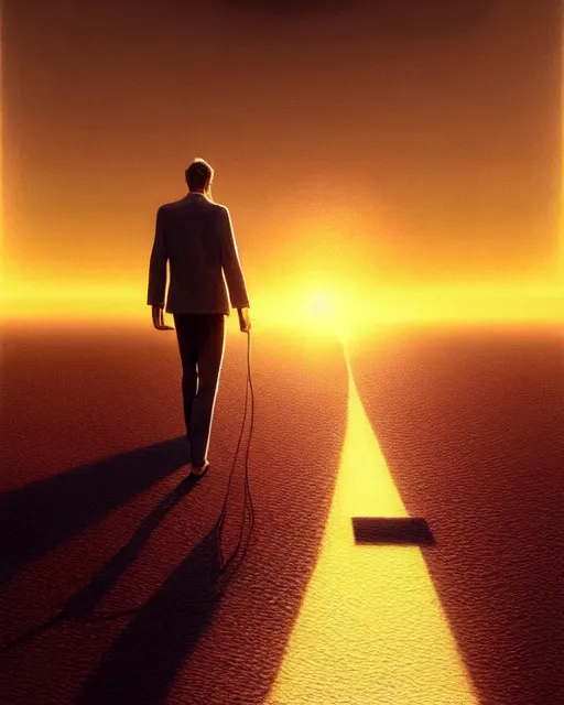 Prompt: a hyper - detailed 3 d render of walking off into the sunset, outrun sun, surrealism!!!!! surreal concept art, lifelike, photorealistic, digital painting, aesthetic, smooth, sharp focus, artstation hd, by greg rutkowski, klimt and nixeu and ian sprigger and wlop and krenz cushart,