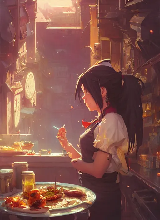 Image similar to highly detailed food wars, stephen bliss, unreal engine, fantasy art by greg rutkowski, loish, rhads and lois van baarle, ilya kuvshinov, rossdraws, tom bagshaw, alphonse mucha, global illumination, detailed and intricate environment