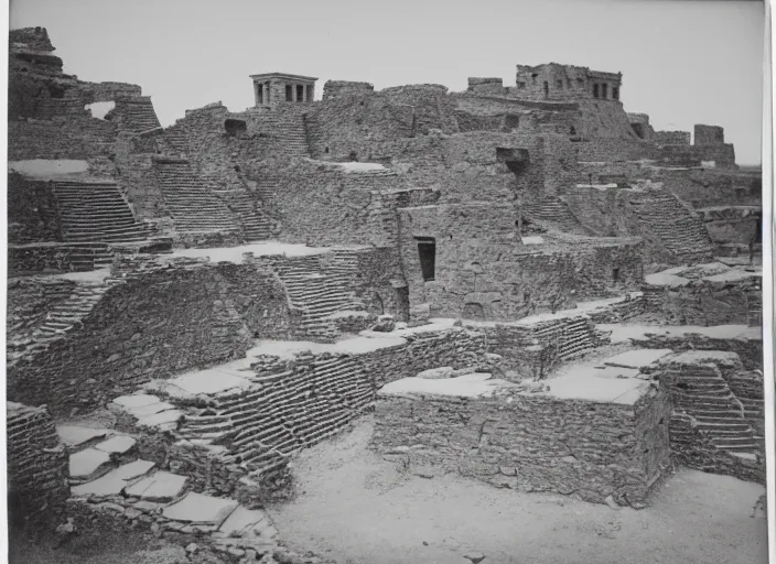 Prompt: Antique photograph of pueblo ruins on a towering Mesa showing terraced gardens in the foreground, albumen silver print, Smithsonian American Art Museum