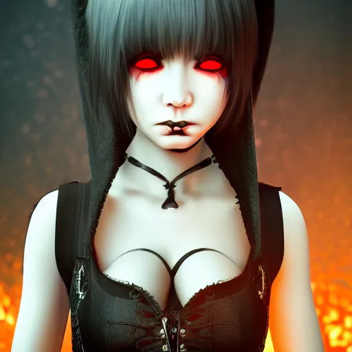 Prompt: photorealistic full shot portrait of kawaii angry darkness vampire anime girl, gothic clothing, worrying eyes, inspired by Tim Burton, detailed, unreal engine 4k volumetric light, fog,