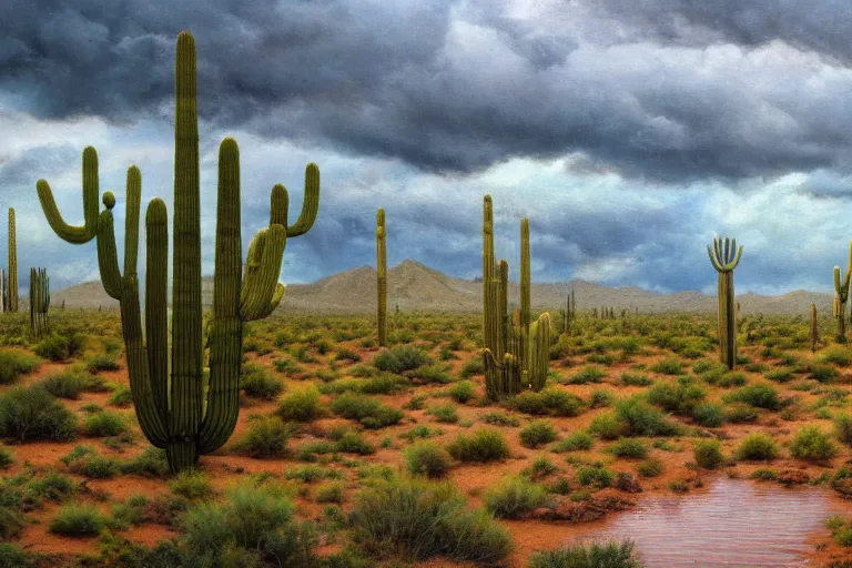 Prompt: a stormy monsoon rainstorm in the arizona desert, the sonoran desert landscape is filled with assorted trees and creasote bushes, cacti, water puddles, beautiful cloudy deep blue sky, by georgia o'keeffe and thomas kinkade and quentin mabille and geoffroy thoorens, trending on artstation