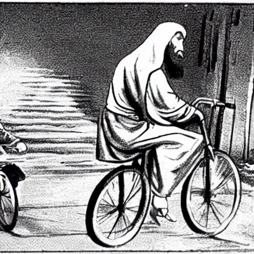 Prompt: cctv footage of jesus christ stealing a bike