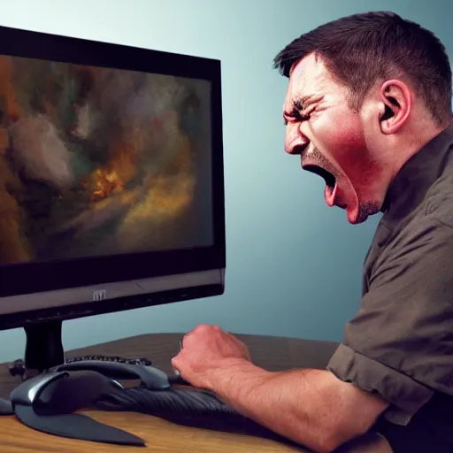 Image similar to an angry man yells at his computer monitor, oil on canvas, highly detailed