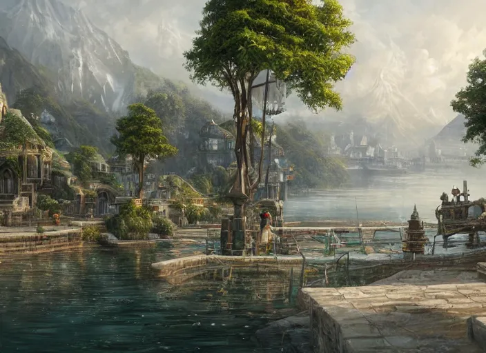 Prompt: A fishing port near the ocean in a beautiful elven city made of white marble, anime, lush trees, fountain, a fantasy digital painting by Greg Rutkowski and James Gurney, trending on Artstation, highly detailed