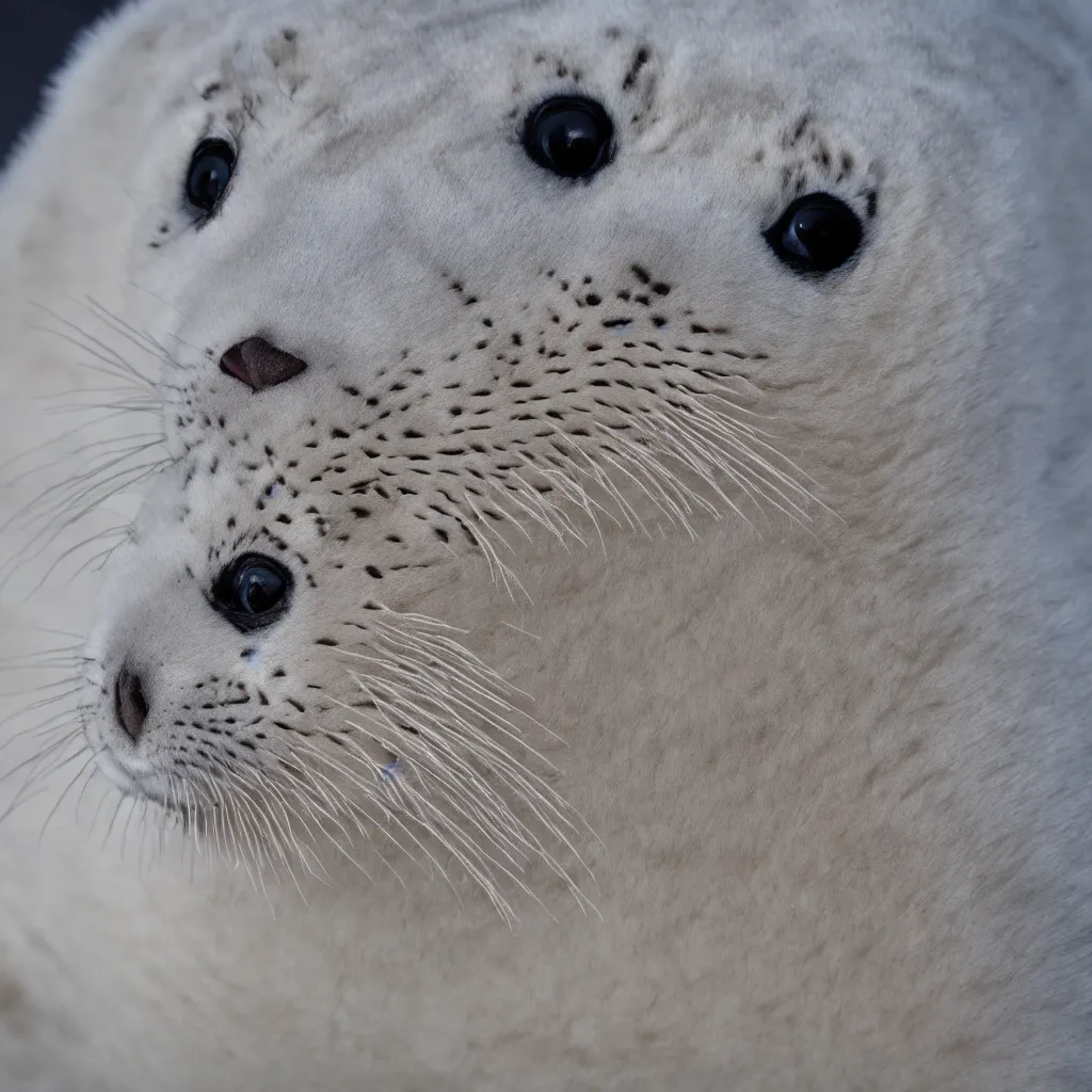 Prompt: baby harp seal tiger chimera, close up photo, national geographic photo