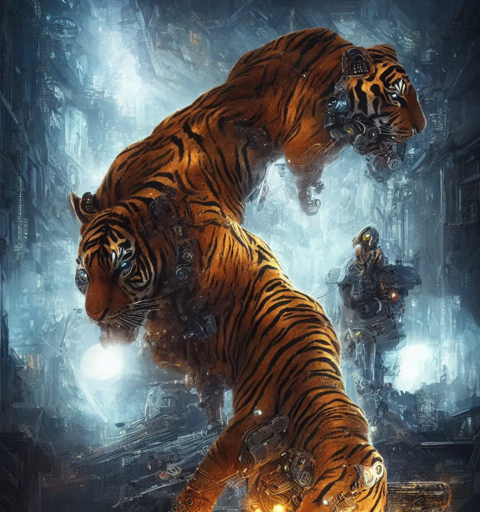 Image similar to small cybernetic tiger, cinematic, highly detailed, octane render, cg, rich cinematic atmosphere, perfect digital art, mystical journey in strange world, Mystical, cyberpunk, sci-fi, surreal, glowing lights, sharp focus, high detailed, by Akihiko Yoshida, michael whelan and Karol Bak