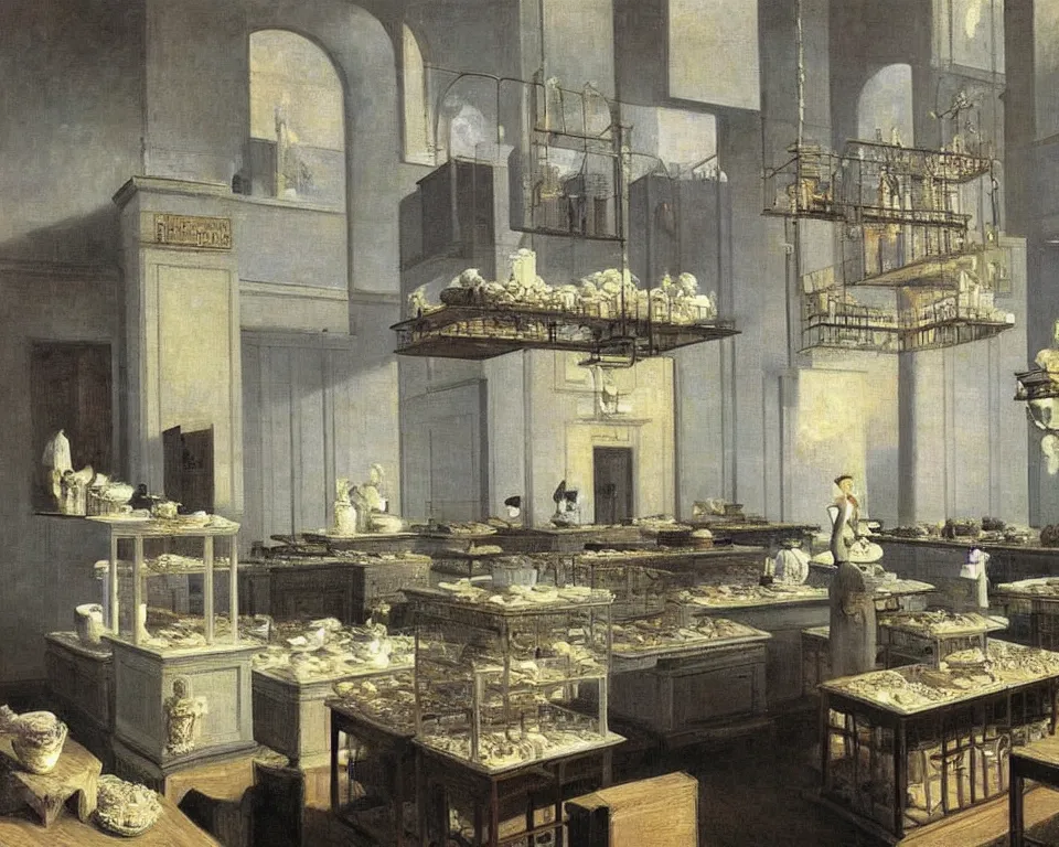 Prompt: achingly beautiful painting of a sophisticated, well - decorated bakery kitchen by rene magritte, monet, and turner. piranesi.