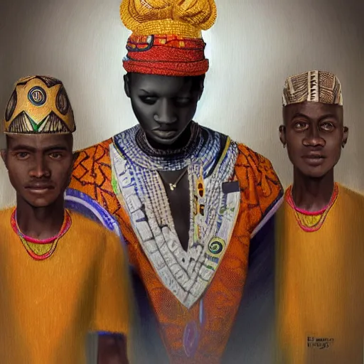 Prompt: a black kid wearing african royalty clothes with dna on the background and ancestrals talking to him in his memories, hyper realistic, 8K, fantastic, oilpainting, trending on artstation.