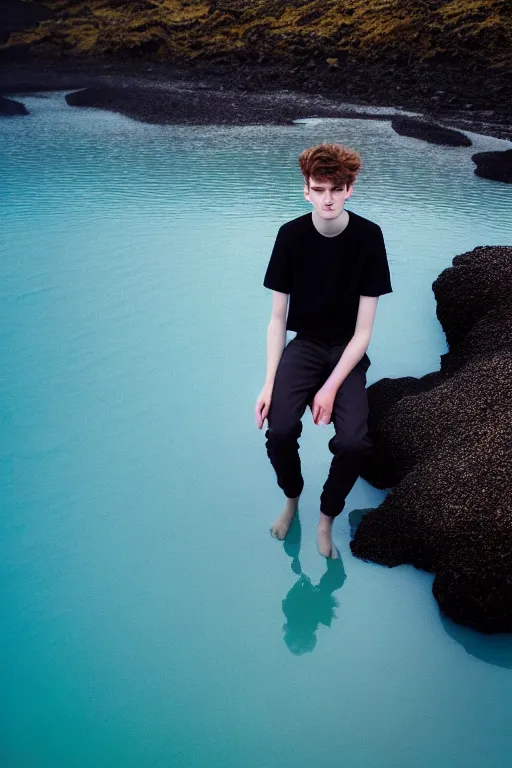 Image similar to high quality pastel coloured film mid angle docu photograph of a beautiful young 2 0 year old male, soft features, short black hair, resting in an icelandic black rock pool environment. atmospheric. three point light. photographic. art directed. ( pastel colours ). volumetric light. clearcoat. waves glitch. 8 k. filmic.