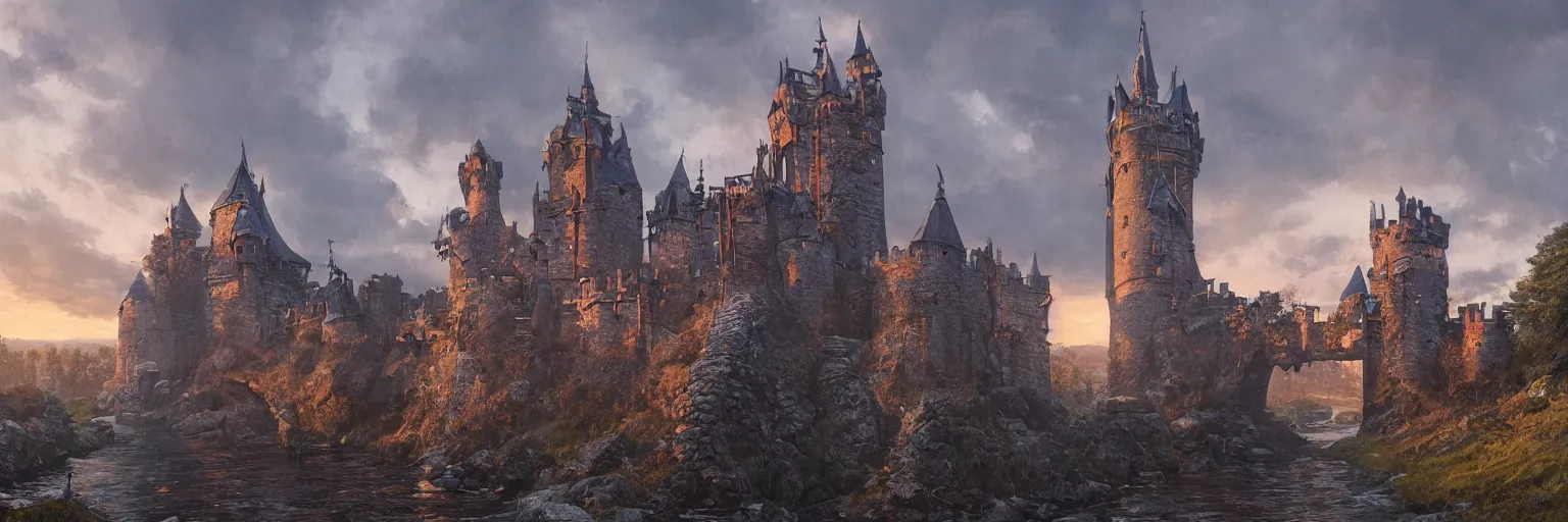 Prompt: intricate nordic castle at dawn with stone architecture, massive gates, tower keep, drawbridge, church, village by greg rutkowski, artstation and frank lloyd wright, extremely hyperdetailed, intricate construction, ramparts, battlements, catapults, archers, uhd