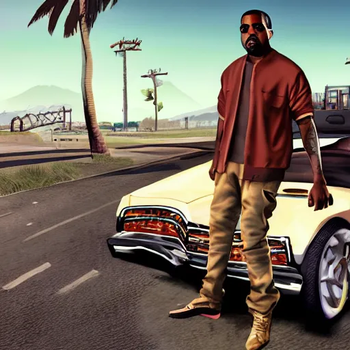 Image similar to kanye west in in gta v, cover art by stephen bliss, boxart, loading screen