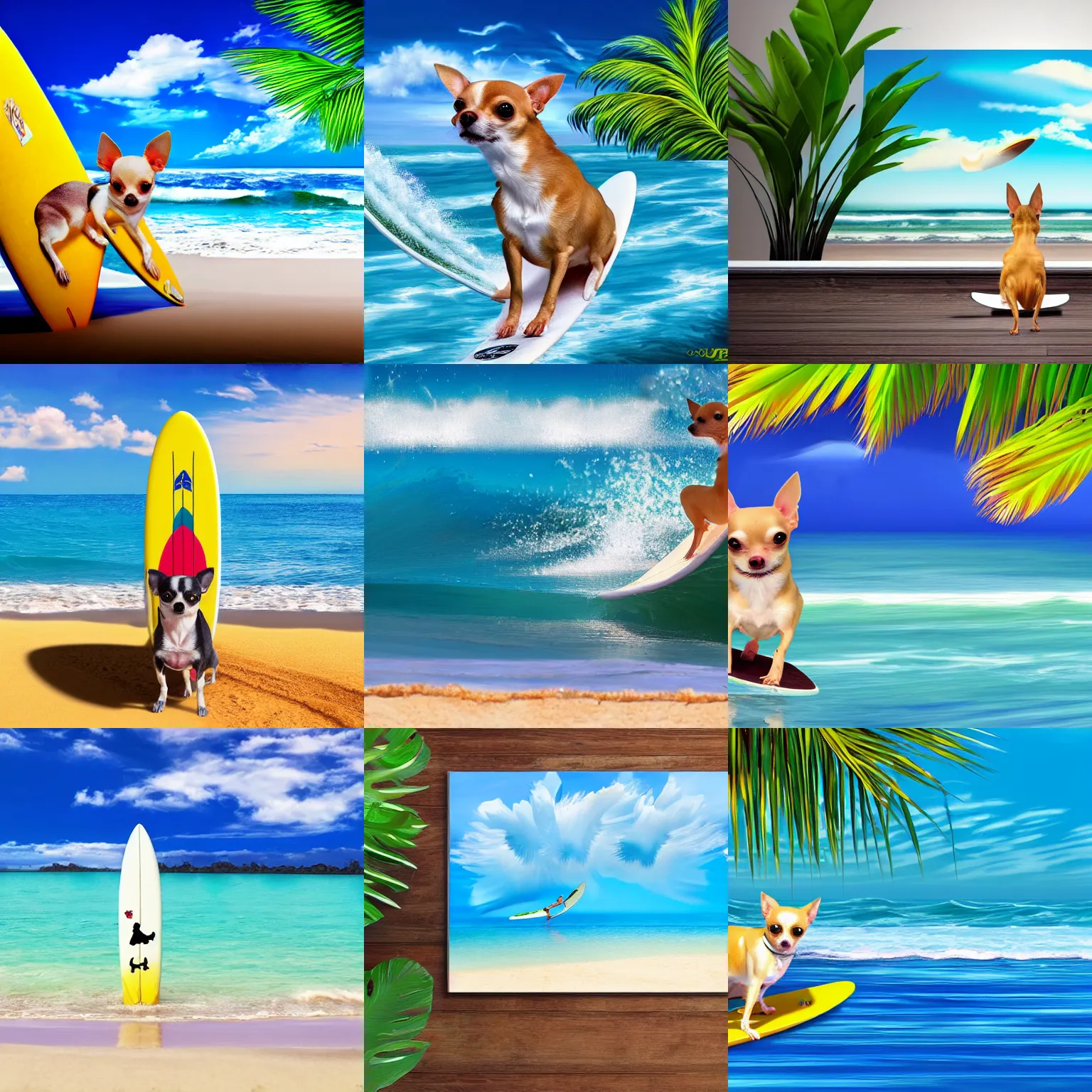 Prompt: chihuahua surfing tropical background 4k hyper realism surreal sunny beach