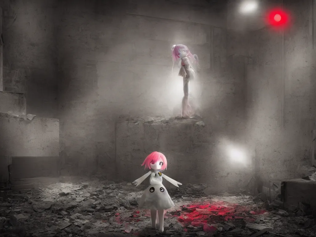 Prompt: cute fumo plush girl ghost in a mysterious concrete wartorn brutalist ruin, ominous bright red spotlight lens flare glow, chibi gothic wraith maiden of the afterlife, dramatic three point lighting, glowing wisps of hazy smoke and volumetric fog swirling about, production volume rendering, vray