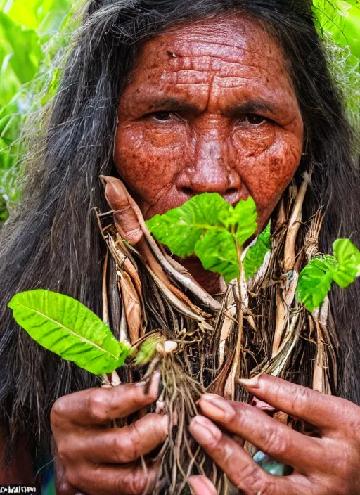 Image similar to a beautiful close up portrait of an indigenous woman preparing plant medicines in the jungle, highly detailed