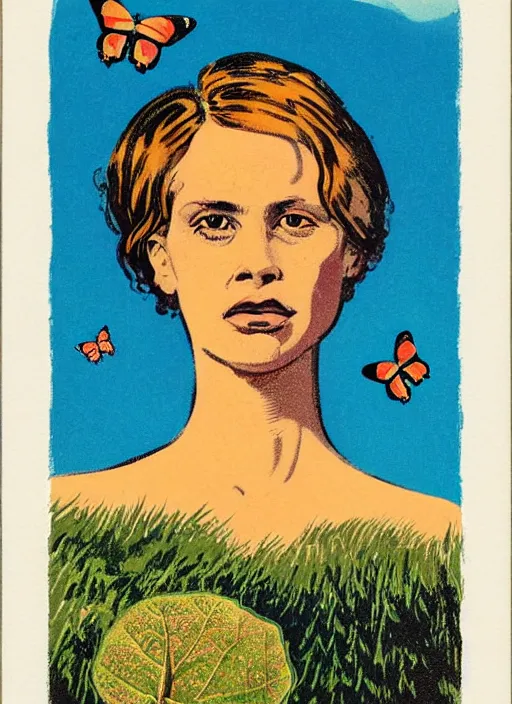 Prompt: an extreme close - up low angle portrait of a butterfly lady in a scenic representation of mother nature and the meaning of life by billy childish, thick visible brush strokes, shadowy landscape painting in the background by beal gifford, vintage postcard illustration, minimalist cover art by mitchell hooks