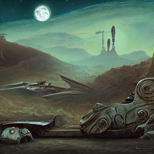 Prompt: next to a crashed spaceship on a desert planet, from a space themed point and click 2 d graphic adventure game, set design inspired slightly by hg giger, art inspired by thomas kinkade