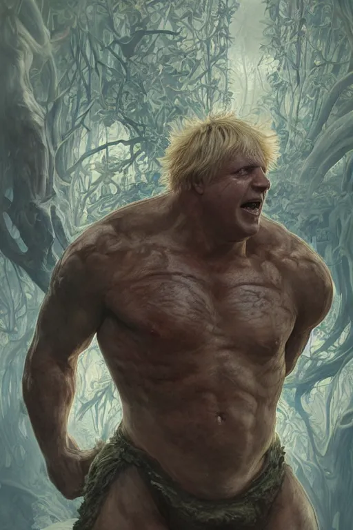 Image similar to portrait of boris johnson as a hulking herculean demon, forest, godlike, full body, fantasy, intricate, elegant, highly detailed, digital painting, artstation, concept art, sharp focus, illustration, art by artgerm and greg rutkowski and alphonse mucha