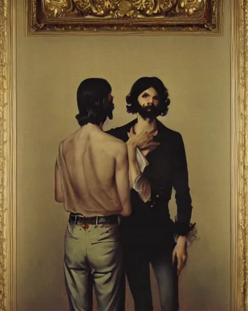 Prompt: a baroque painting of two beautiful but sinister men wearing oxford shirts in layers of fear, with haunted eyes and dark hair, 1 9 7 0 s, seventies, wallpaper, a little blood, moonlight showing injuries, delicate embellishments, painterly, offset printing technique, by brom, robert henri, walter popp