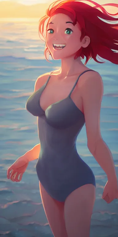 Image similar to lois van baarle, artgerm, helen huang, by makoto shinkai and ilya kuvshino, rossdraws, illustration, art by ilya kuyshuno. cute scarlet red haired cyborg woman, steel gray body, denim shorts, at beach at sunset, beautiful face, smile, elegant, exaggerated proportions, looking at me