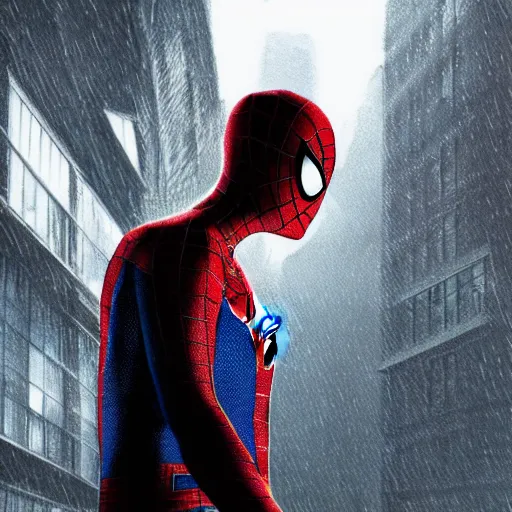 Image similar to Peter Parker as Spiderman , heavy rain ,dramatic, intricate, highly detailed, concept art, smooth, sharp focus, illustration, Unreal Engine 5, 8K