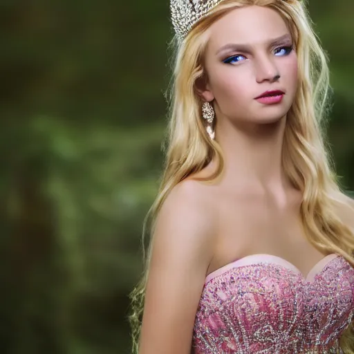 Image similar to a beautiful princess with long blonde hair and blue eyes wearing a strapless elaborately beaded pink dress, high resolution film still, 8k, HDR color, film by Simon Langton and David Frankel