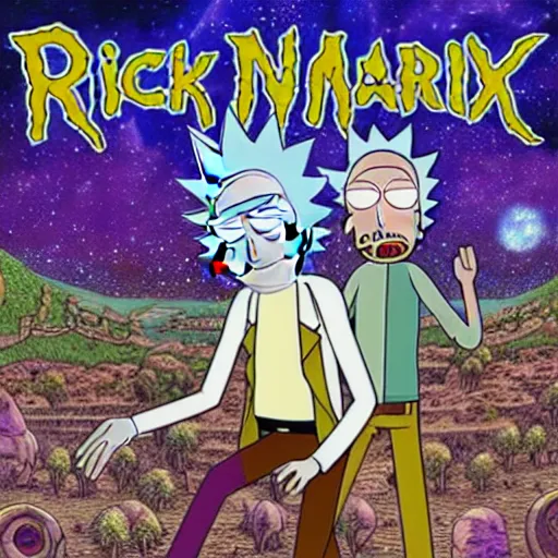 Image similar to rick and morty on a iron maiden album cover 8 k resolution, hyperdetailed, photorealism, extremely high quality