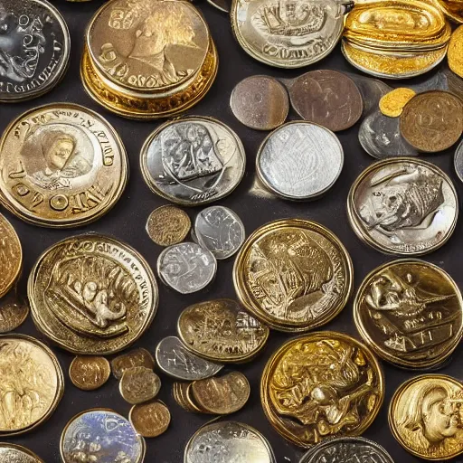 Prompt: An enormous treasure trove filled with precious coins, wide shot, ultra-high definition, 4K, museum quality photo