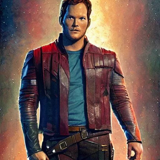 Image similar to the actor chris pratt as star lord posing together with the doll chucky from the movie child's play, inside a starship, oil painting, by greg rutkowski