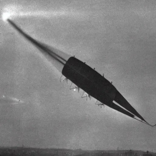 Prompt: grainy 1800s photo of a dirigible airship firing a huge ray gun at a city below