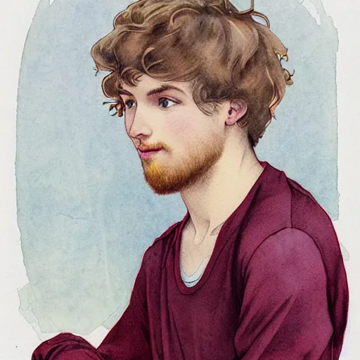 Prompt: watercolor drawing of a young cute handsome beautiful strawberry blond medium very curly thick hair and slight thin facial hair man in his early 2 0 s wearing a blank maroon t - shirt with grey - blue eyes, by elizabeth peyton and alphonse mucha