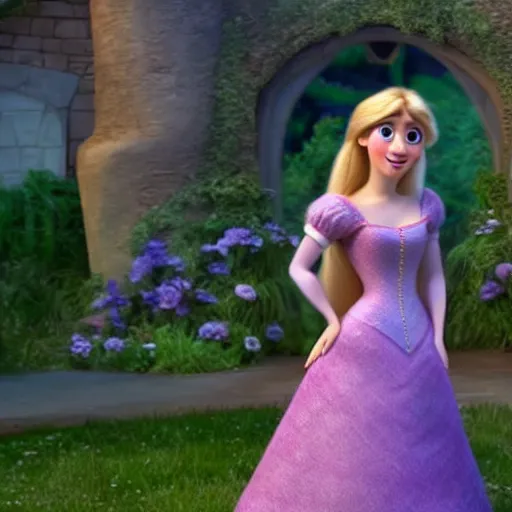 Image similar to Jennette McCurdy as Rapunzel in disney tangled live action, 8k full HD photo, cinematic lighting, anatomically correct, oscar award winning, action filled, correct eye placement,