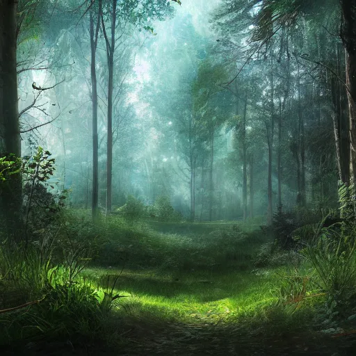 Image similar to a clearing in a forest, digital art, highly detailed, realistic, bright colors, 8 k, trending on artstation, studio lighting