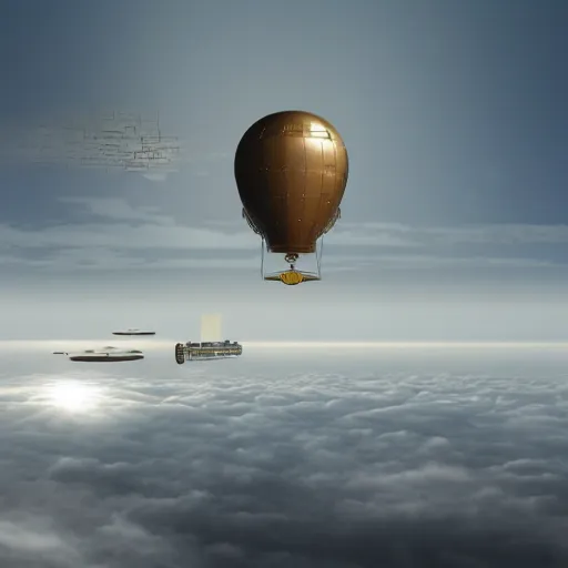 Image similar to a flying city in a blimp in the sky over the clouds, in the bottom there a lot of fog, steampunk