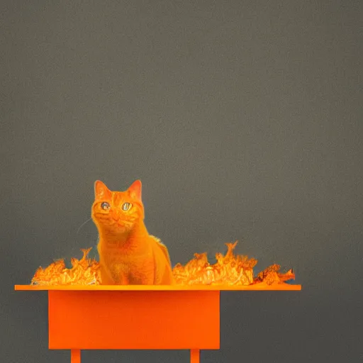 Image similar to an orange cat staring in a table drawer ~ on fire ~ fire ~ high - resolution photo ~