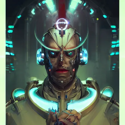 Prompt: a portrait of a cybernetic satanic priest, cyberpunk concept art by pete mohrbacher and wlop and artgerm and josan gonzales, digital art, highly detailed, intricate, sci-fi, sharp focus, Trending on Artstation HQ, deviantart, unreal engine 5, 4K UHD image