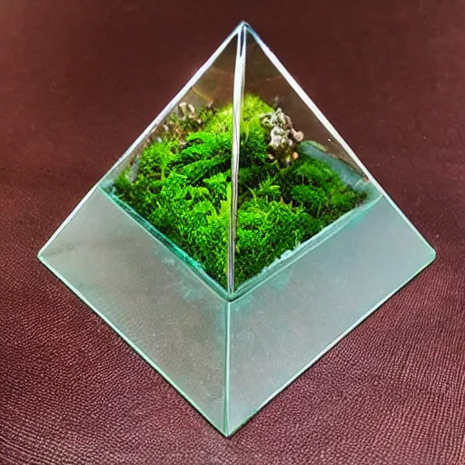 a pyramid of glass terrarium cube with fern, moss and Stable