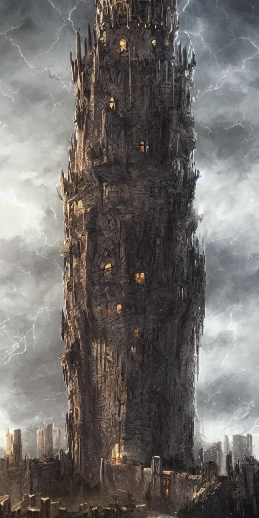 Image similar to giant medieval tower concept art, very very very very tall, houses stacked on each other, dramatic lightning, trending on deviantart, movie still, game of thrones, award wining photograph