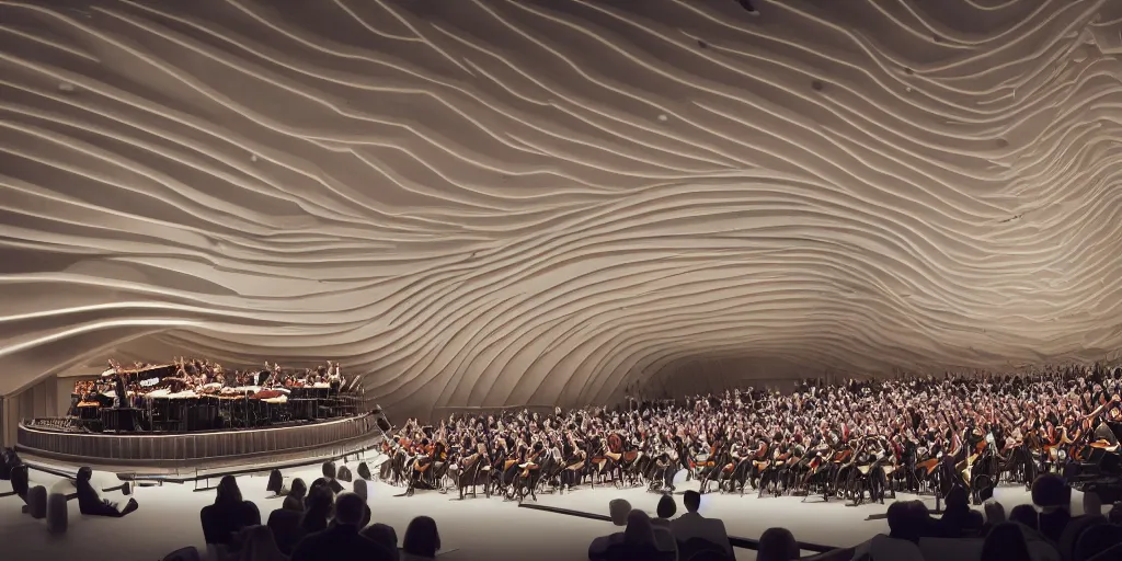 Image similar to interior space of a concert hall venue with a symphony orchesta playing on the stage, realistic, low saturated, zaha hadid and frank gehry inspired, octane 8 k