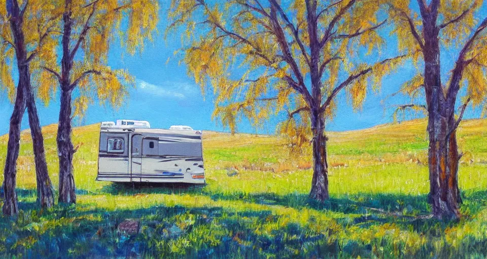 Prompt: an rv under a cottonwood tree, beautiful painting, oil on canvas, by ewa czarniecka, award winning masterpiece,