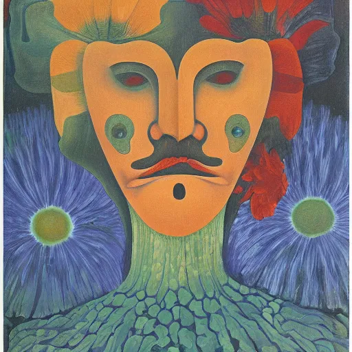 Image similar to floral face portrait by leonetto cappiello and wojciech siudmak and ernst fuchs, anni albers, oil on canvas