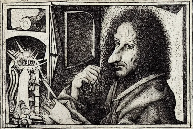 Image similar to ! dream an annoyed curly - haired persian guy programmer by leonardo davinci, hieronymous bosch, mc escher