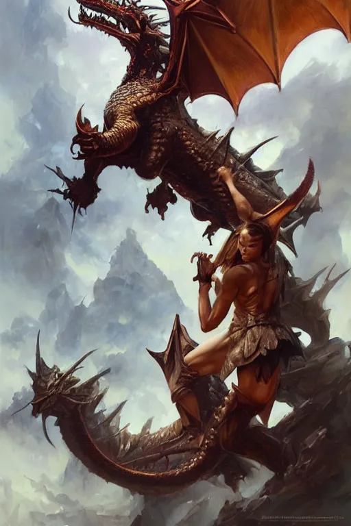 Image similar to A beautiful oil painting of a dragon, by Lucas Graciano, Frank Frazetta, Greg Rutkowski, Boris Vallejo, epic fantasy character art, goddess of war, fantasy armor, Exquisite detail, post-processing, low angle, masterpiece, cinematic